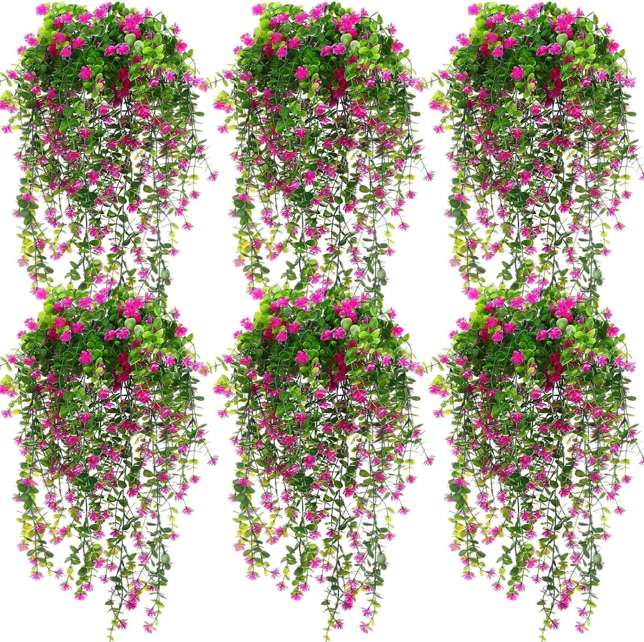 6PCS Artificial Hanging Ferns – Faux Ivy Vine with Flowers for Indoor & Outdoor Decor (Fuchsia)